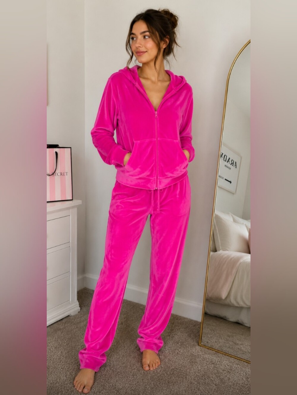 New Victoria Secret Soft Plush Hot Pink Jogger And Hoodie Set S